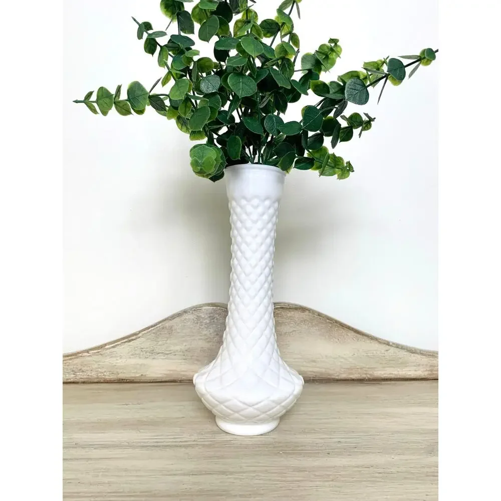 Vintage White Milk Glass Vase Tall Diamond Pattern Flower Display Cottagecore
